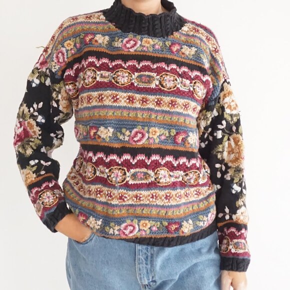 Sweaters - Vintage Express Tricot Floral Stripe Textured Chunky Knit Cottagecore Sweater M